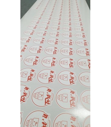 Round stickers with the company logo